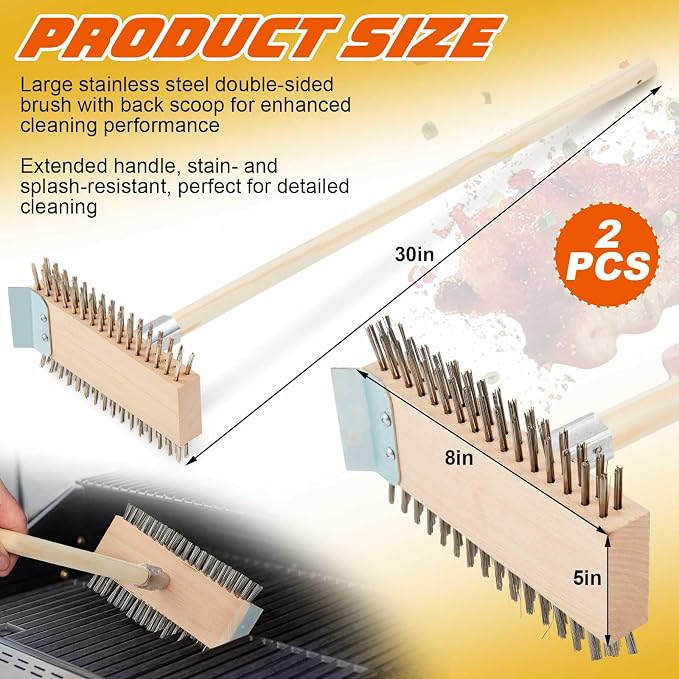 2 Pcs Stainless Steel Grill Brushes, Grill Scraper with 30'' Long Wooden Handle Commercial Oven Charbroiler Cleaning Brush for Outdoor Kitchens BBQ Restaurants