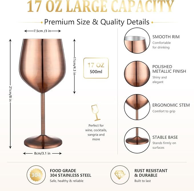 UNISWEET Unbreakable Stainless Steel Wine Glasses Set of 2, Red Copper | 17oz Unique Fancy Metal Wine Goblets, Shatterproof, Ideal for Outdoor, Camping, Travel, Pool, Great Gift for Wine Lovers