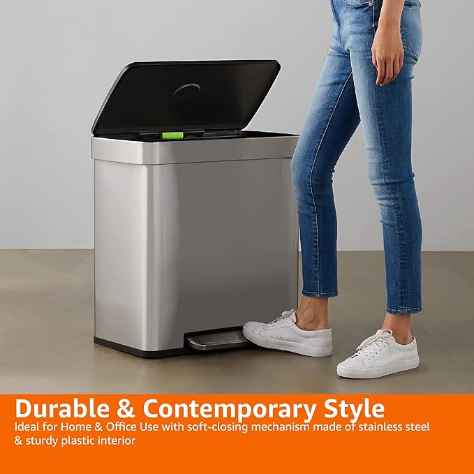 Amazon Basics Dual Compartment Recycling Trash Can with Soft-Close Lid, Fingerprint Resistant, Removable Liner Buckets, 60 Liters, Rectangular, Grey, Silver