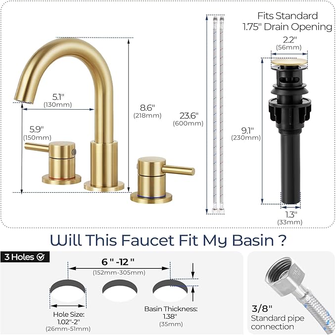 Bathroom Faucet 3 Hole, Brushed Gold Bathroom Sink Faucet with Pop Up Drain, 8 inch Widespread Bathroom Faucet with 360° Swivel Spout, 2 Handle Vanity Faucet with Water Supply Hoses