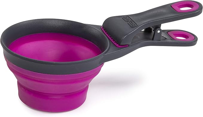 Dexas Popware for Pets Collapsible Klip Scoop, 3-in-1 Pet Food Scoop, Measuring Cup and Bag Clip, 1 Cup Capacity, Fuchsia