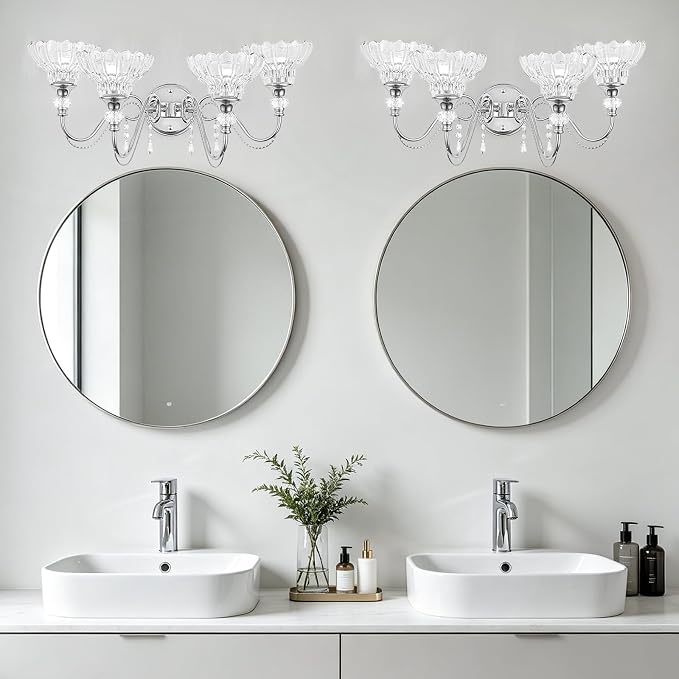 Brushed Chrome Bathroom Vanity Light, 4-Light Chrome Finish Wall Sconce with Hanging Crystal Accents and Flower-Shaped Clear Glass Shades, Modern Wall Mount Vanity Light Over Mirror for Bathroom