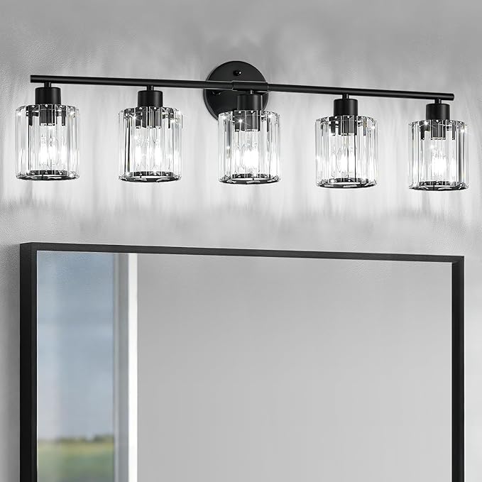 Crystal Bathroom Light Fixtures, Bathroom Lighting Fixtures Over Mirror, Modern Black 5-Light Vanity Lights for Mirror,Restroom, Bedroom (Ceramic E26 Socket,Bulbs Not Include)