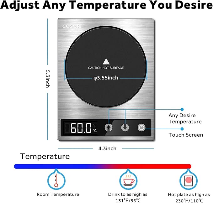 Cosori Coffee Mug Warmer & Mug Set, 1°F Precise Temperature Control | Digital Cup Heater, Touch Tech & LCD Digital Display (77-194℉), 304 Stainless Steel, for Desk, Office, Silver/Black