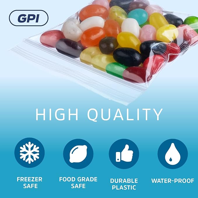 GPI - 1000 Count, 3" x 3" Clear Plastic Square Zip Bags, 2 Mil Thick, Strong & Durable Poly Baggies with Resealable Zip Top Lock for Travel, Storage, Packaging & Shipping