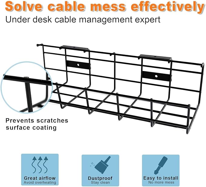Under Desk Cable Management- 1 Pack Cord Organizer. Metal Wire Cable Management Tray for Office, Studio and Home. Super Sturdy Under Table Cable Raceways Management - Black Cable Organizer