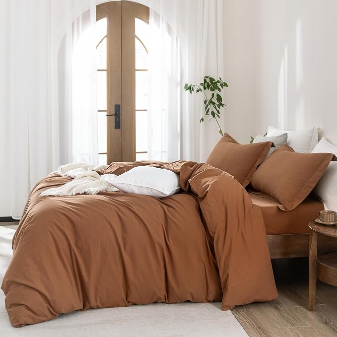 100% Washed Cotton Dark Orange Duvet Cover Super Queen Size Bedding Set Cover 1 Duvet Cover with Zipper Closure and 2 Pillowcases, 98inch x 90inch