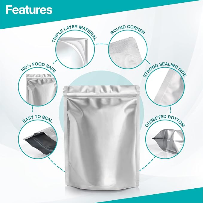 BELLE KR® 50 Pcs 1 Gallon Mylar Bags with Oxygen Absorbers (500cc) - 9.5 mil - Gusseted Mylar Bags 1 Gallon Resealable & Heat Sealable for Long Term Food Storage - Labels Included