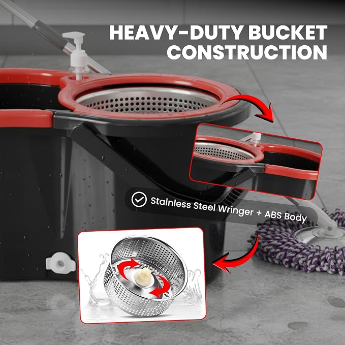 Spin Mop & Bucket Set with 2 Microfiber Mop Heads – Durable Stainless Steel & ABS Build – Black Red, Blue, Purple Colors – Bucket with 90–120cm Telescopic Handle