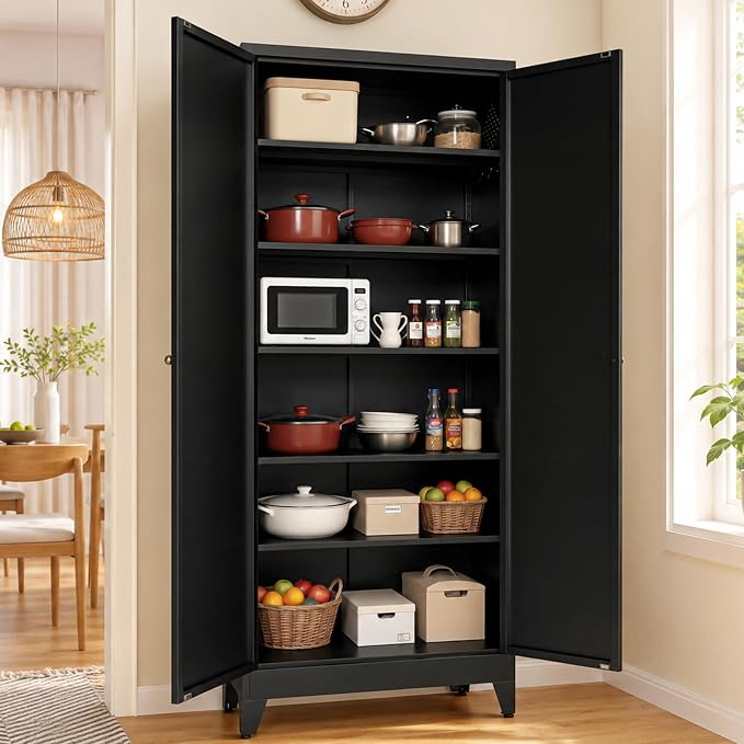 AQY Metal Pantry Cabinet, 75" Black Kitchen Storage Cabinet with Doors | 5 Adjustable Shelves Ventilated Metal Cabinet Hanging Hooks Freestanding Kitchen Storage