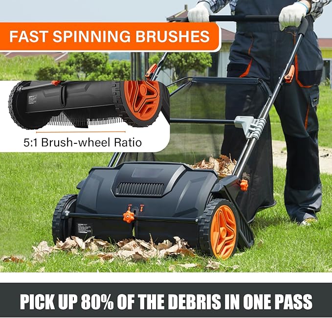 Push Lawn Sweeper, 21-inch Leaf & Grass Collector, Strong Rubber Wheels & Heavy Duty Thickened Steel Durable to Use with Large Capacity 3.5 cu. ft. Mesh Collection Hopper Bag, 2 Spinning Brushes