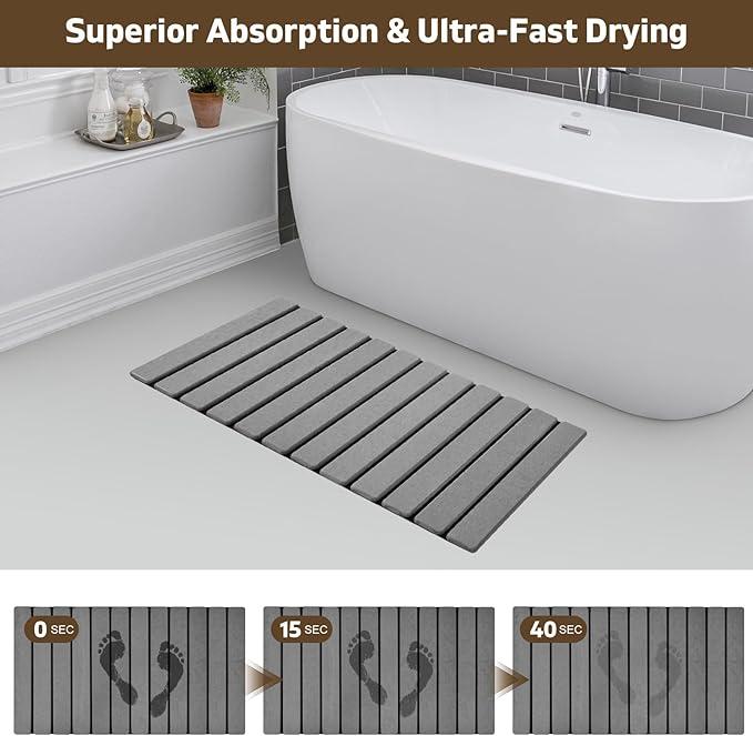 Extra-Large Foldable Stone Bath Mat for Bathroom, 2 Pcs Super Absorbent Diatomaceous Earth Bath Mat with Anti-Slip Leather Base, Quick Drying Modern Bath Stone Mat (Grey, 28" x 16" & 8" x 4")