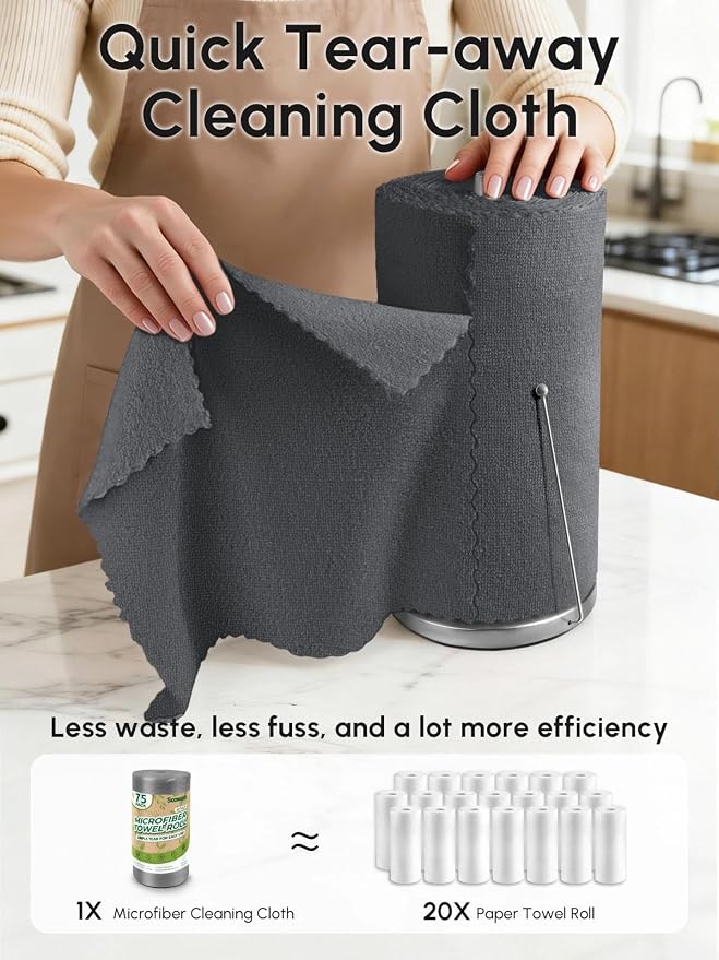 Microfiber Cleaning Cloths Roll, 75 Pack Tear Away Microfiber Towels Roll, 12" x 12" Lint Free Rags, Reusable Cleaning Cloths, Washable, Scratch Free,Ultra Absorbent Dish Rags(Dark Grey)