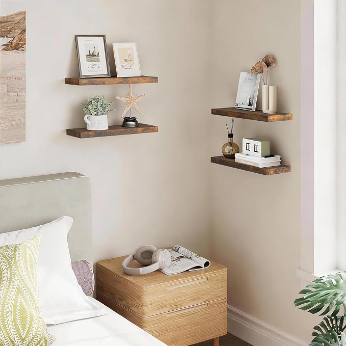 BAYKA Floating Shelves for Wall, 15.7in Wall Mounted Rustic Wood Shelves for Bathroom, Bedroom, Living Room, Kitchen, Hanging Shelf for Storage/Room Decor with 22lbs Capacity (Rustic Brown, Set of 4)