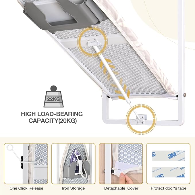 KINGBOARD Over Door Ironing Board, Hanging Ironing Board with Iron Holder, 36" X 12" Compact Fold Down Iron Board for Small Spaces, Removable Heat Resistant Cover, White