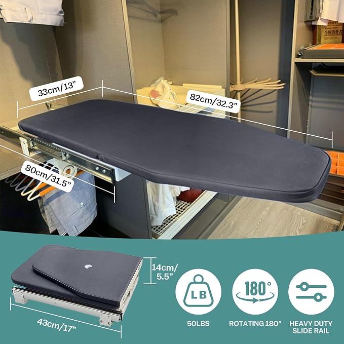 Retractable Foldable Ironing Board, 180° Swivel | Pull Out Ironing Board Closet Sliding Out Space Saving with Removable Heat Resistant Ironing Board Cover