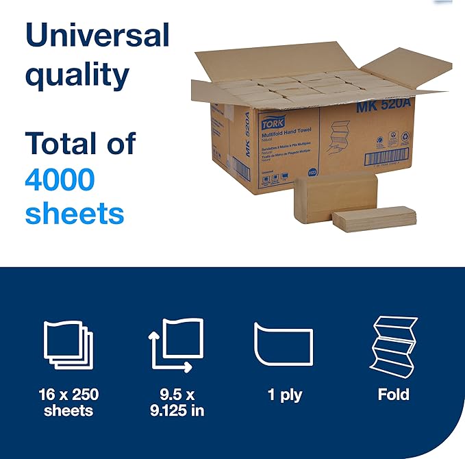 Tork Multifold Hand Towel, Natural, 100% recycled, FSC certified, Compatible with H2 Dispensers, 16 packs x 250 sheets (MK520A) | 1-Ply Paper, 100% Recycled Fiber, 250 Per Bundle, H2 Dispenser Compatible, Touch Free Dispensing, 9.5 x 9.1 in