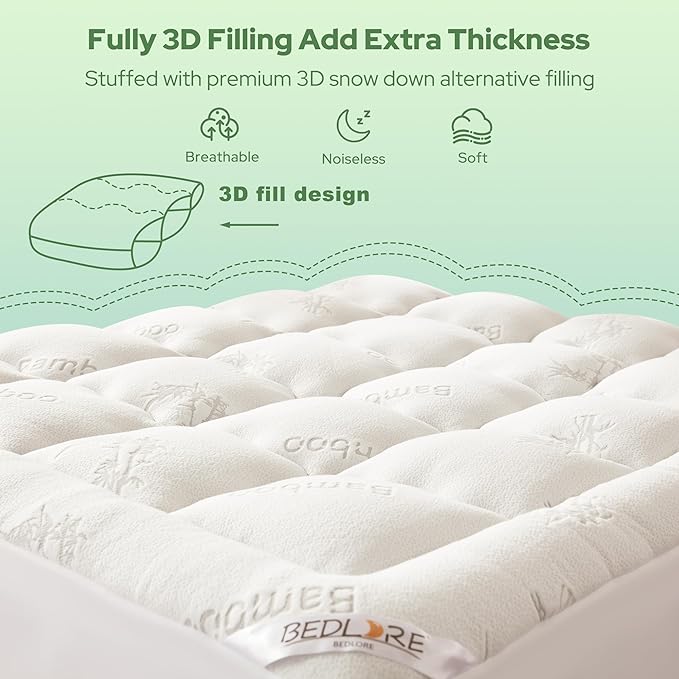 BEDLORE Twin Mattress Topper Viscose Derived from Bamboo, Thick Pillow Top Mattress Pad with Stretchable Pockets for 6-15 inches Mattress, Soft Breathable Mattress Topper for Back Pain Relief