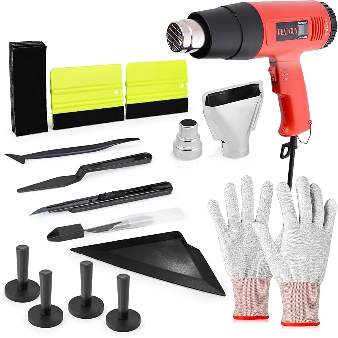 EHDIS Window Tint Kit Vinyl Wrap Tool with Heat Gun,Vinyl Scraper,Shank Gasket Squeegee,Working Gloves,Curves Slot Tint Tool for Car Wrapping,Window Film,Graphics,Decal Installation