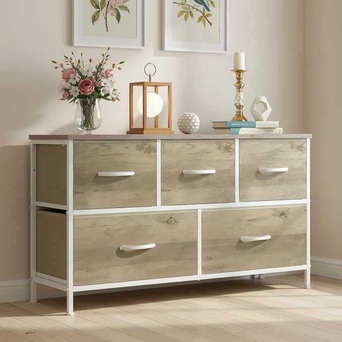 OLIXIS 5 Drawer Dresser for Bedroom, Storage Organizer Unit for Closet | Chest of Drawers for Clothes Storage with Bins, Wide Fabric Bedroom Dresser, Wooden Top, Living Room, Greige Oak