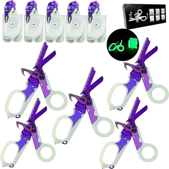 Leepenk 5PCS 6 in 1 Multi-function Trauma Shears with Strap Cutter and Glass Breaker, with Luminous Holster(Luminous Purple)