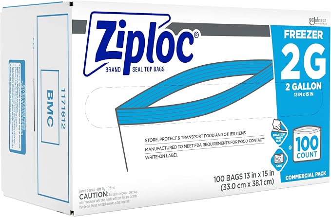 SC Johnson Professional Ziploc Professional Freezer Bags, For Food Organization and Storage, Double Zipper, 2 Gallon, 100 Count