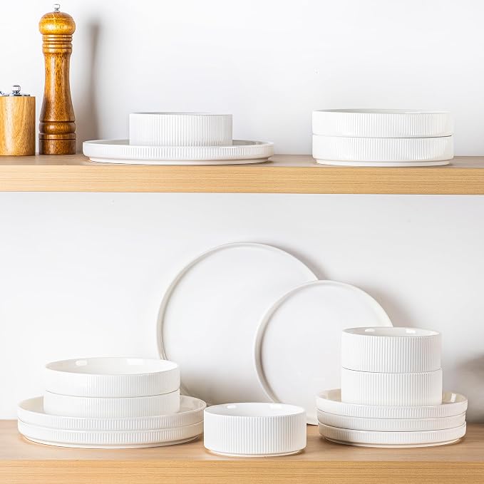 TheTerra Ceramic Dinnerware Sets for 6, 18 Pieces Porcelain Lightweight Plates and Bowls Sets, Scratch Resistant Dish Set, Oven & Microwave & Dishwasher Safe, Bright White