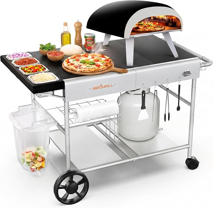 Pizza Oven Table Grill Cart for Ninja Woodfire, Blackstone Griddle, Ooni | 51'' Outdoor Pizza Oven Stand with Seasoning Tray for Outdoor Cooking, BBQ Prep Station, Easy Assembly 30048