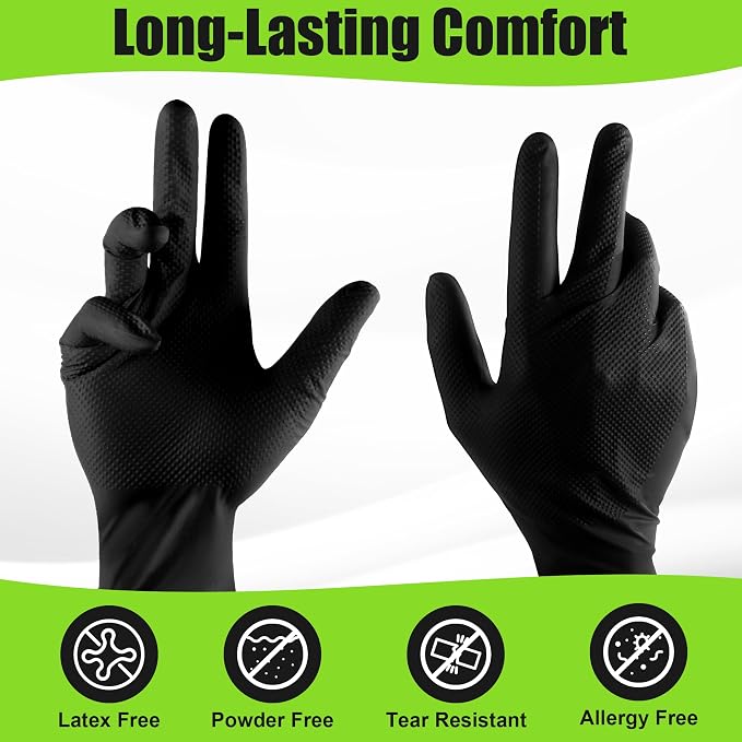 TREEGO 10 Mil Heavy Duty Black Nitrile Mechanic Gloves, 50 Count L | Diamond Grip, Latex & Powder Free for Automotive Repair, Professional Workshops & Daily Maintenance Tasks