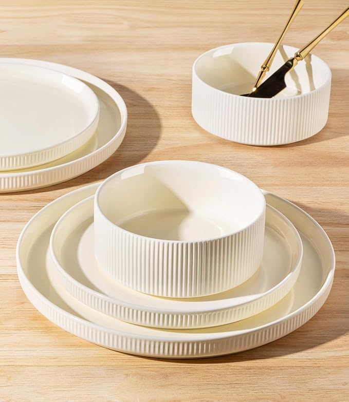 TheTerra Ceramic Dinnerware Sets with Pasta Bowls for 4, 16 Pieces Porcelain Lightweight Plates and Bowls Sets, Scratch Resistant Dish Set, Oven & Microwave & Dishwasher Safe, Beige