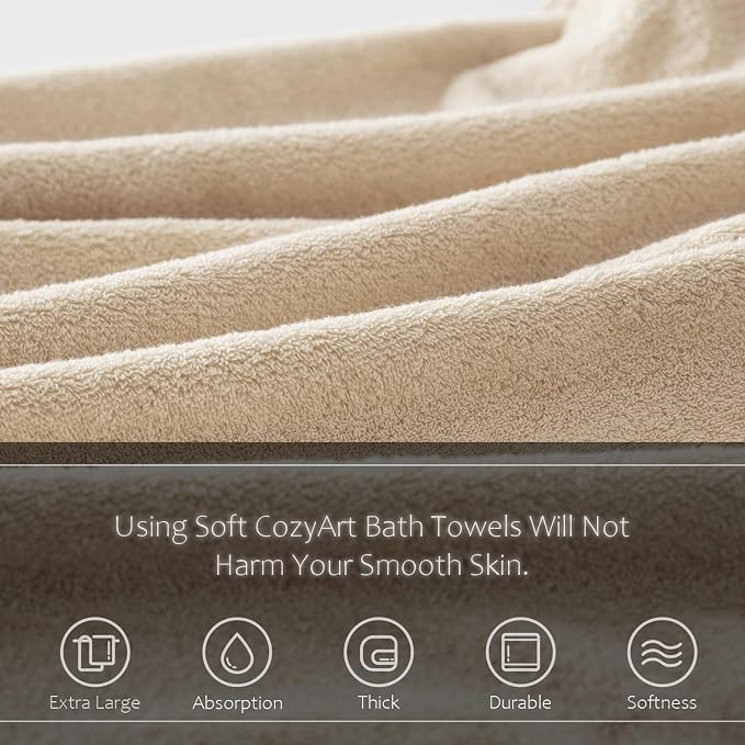 COZYART Luxury Bath Towel Set 6 Pcs, Beige 100% Turkish Cotton 650 GSM | OEKO-Tex 100 Certified Zero Twist Ring Spun, Soft Absorbent Quick Dry, Plush Fluffy, Breathable Hotel Quality for Daily Use