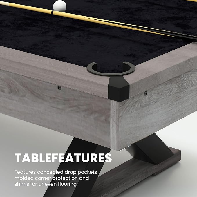 KEIKI 7FT Pool Table with Billiard Balls, Cues, Pool Cue Chalk, | Cleaning Brush, X-Legs, Black Cloth, Rustic Grey