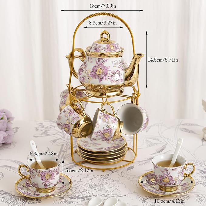 20 Pcs Porcelain Tea Set with Metal Holder European Flower Tea Sets for Adults, Ceramic Tea Party Set European Flower Painting Teapot Cup Saucer Spoon Set for Women, Large Version (Elegant Purple)
