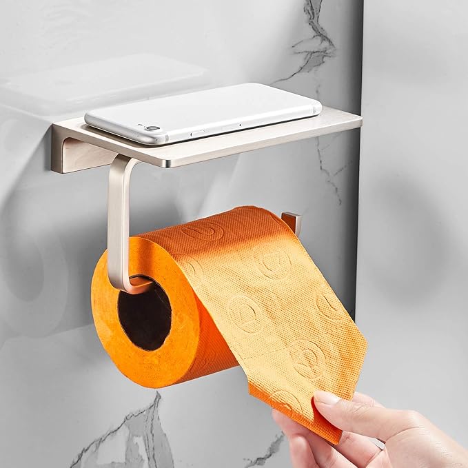 Toilet Roll Paper Holder Bathroom Solid Brass and Superior Hotel Style Wall Mount Tissue Roll Holder with Phone Shelf Brushed Nickel Finished