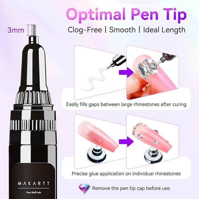 Makartt Nail Rhinestone Glue: Precision Gap Filling Gel with Brush for Gems | Low Viscosity, UV/LED Cured, Gap Filling, Small Charms, Glitter, Pearls and Sequins, 3D Sculpting, DIY and Salon Use
