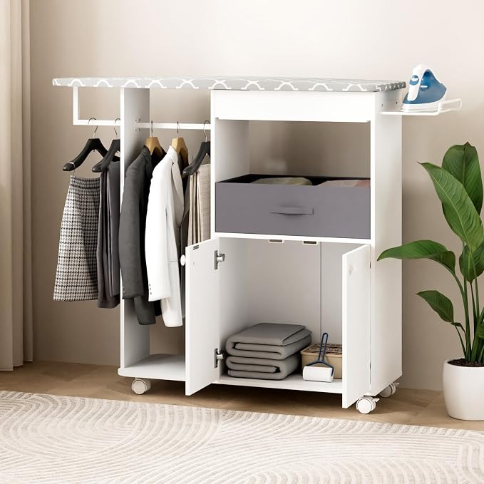 Rolling Ironing Board with Storage Cabinet, Wooden Ironing Board Cabinet with Drawer, Compact Space-Saving Ironing Table with Iron Rest Rack for Laundry Room, Living Room (One Size, Curvilinear)
