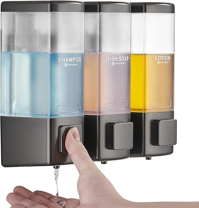 Pollock Shampoo and Conditioner Dispenser 3 Chamber * 500ML | Shower Soap Dispenser Wall Mounted, Body Wash Dispenser No Drill, Refillable Shower Dispenser for Bathroom