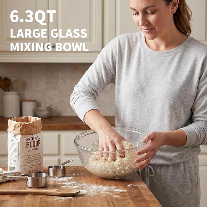 6.3 QT Glass Mixing Bowl with Lids, Large Glass Bowl for Sourdough Bread | Thick Glass Salad Bowl, Extra Large Glass Bowl Ideal for Kitchen Storage, Baking, Food Prep, Dishwasher Microwave Freezer