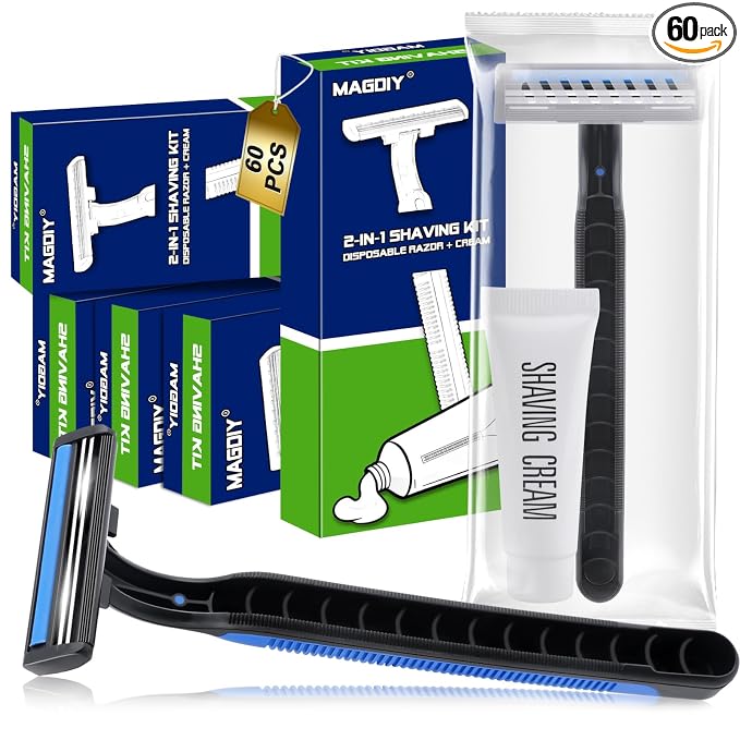 60 Pack Disposable Razors Shaving Cream Bulk for Men Homeless Supplies, Travel Size Shaving Cream Kit, Disposable Razors Bulk, Individually Wrapped Toiletries for Hotel Airbnb Donation Shelter
