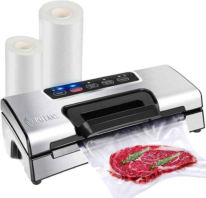 Potane Precision Vacuum Machine,Pro Food Sealer with Built-in Cutter and Bag Storage(Up to 20 Feet Length), Both Auto Manual Options,2 Modes,Includes 2 Bag Rolls 11”x16’ and 8”x16’,Compact Design