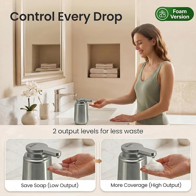 GentleJet NovaJet Automatic Foaming Soap Dispenser Touchless Sensor, USB-C Rechargeable, 304 Stainless Steel, IPX5 Waterproof for Bathroom Kitchen Sink, 12 oz / 350 ml