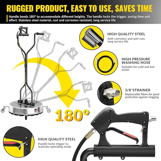 VELPAX 21 Inch Pressure Washer Surface Cleaner with 4 Wheels,Dual Handle,Stainless Steel Housing,4500 PSI Power Washer Accessory for Concrete, Patio, Sidewalk, Deck, Driveways and Daily Washing