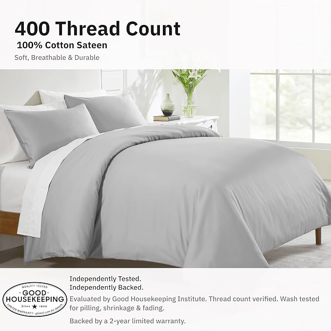 California Design Den 2-Piece Twin Size Duvet Cover Set - 400 Thread Count, 100% Cotton Sateen, Soft Twin Duvet Cover Set, Button Closures, Corner Ties, Durable Bedding - Light Grey