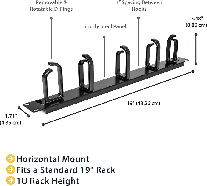 StarTech 1U 19in Rack Cable Management Panel, D-Ring, Metal (CABLMANAGER2) | Horizontal or vertical wire manager, 3in ABS plastic hooks spaced 4in, Fits 2 or 4-post racks