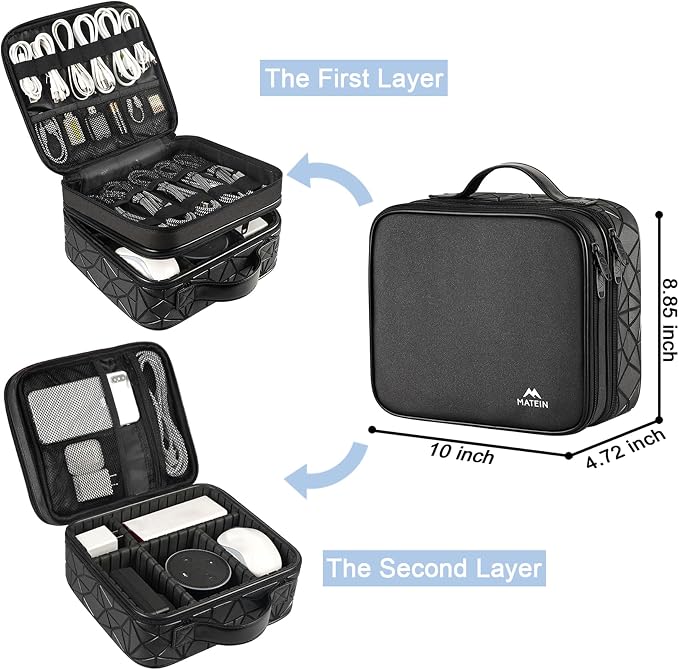 MATEIN Cable Organizer Bag, Waterproof Travel Electronic Storage, Shockproof Portable Double Layer Tech Bags Carrying Case for Cord, Earbuds, Charger, SD Card, DJ Gifts, Black