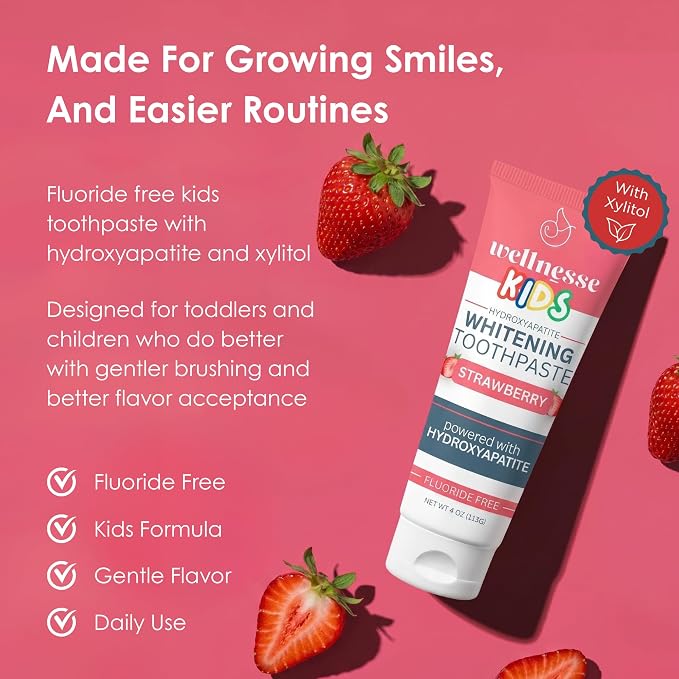 Hydroxyapatite Toothpaste, Whitening, Fluoride Free, Strawberry 4 Oz 3-Pack | Wellnesse Kids, Toddlers or Children, SLS Free, Xylitol Formula, Gentle Enamel Care, Fresh Breath and Daily Brushing Habits