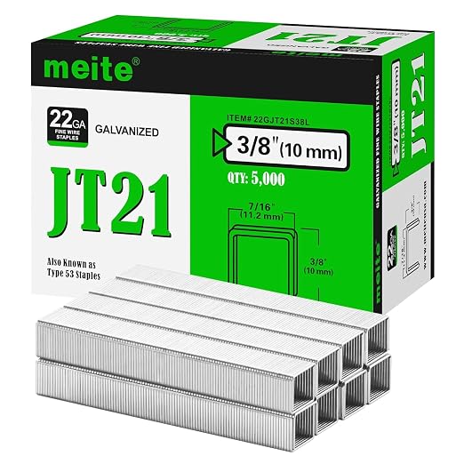 meite JT21 Staples, 3/8 Inch Galvanized Fine Wire Staples for Staple Gun - 7/16" Crown JT21 Staple Refill, Ideal for Upholstery, Crafts, Furniture (10 Boxes)