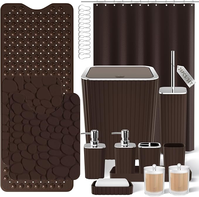 XLHOMO 26PC Bathroom Accessories Set - Gorgeous Brown Bathroom Set, Bathroom Accessory Set, Shower Curtain Set with Bathtub Mats for Shower Tub, Trash Can & Soap Dispenser