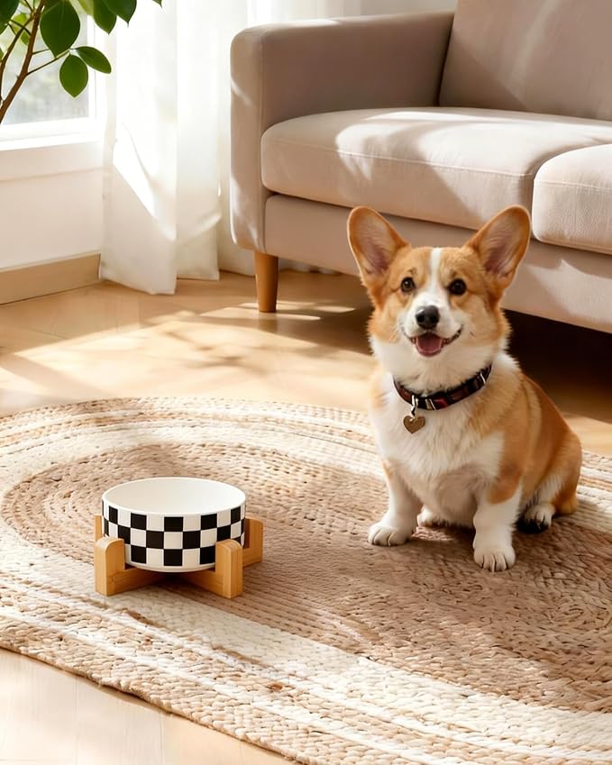 TRUVIC Ceramic Dog Bowl with Wood Stand, Black and White Checkered & Striped Dog Food and Water Bowl, 2 Cup/14 oz Elevated puppy food bowl for Medium Dogs, Dishwasher Safe, Modern Geometric, Checkered