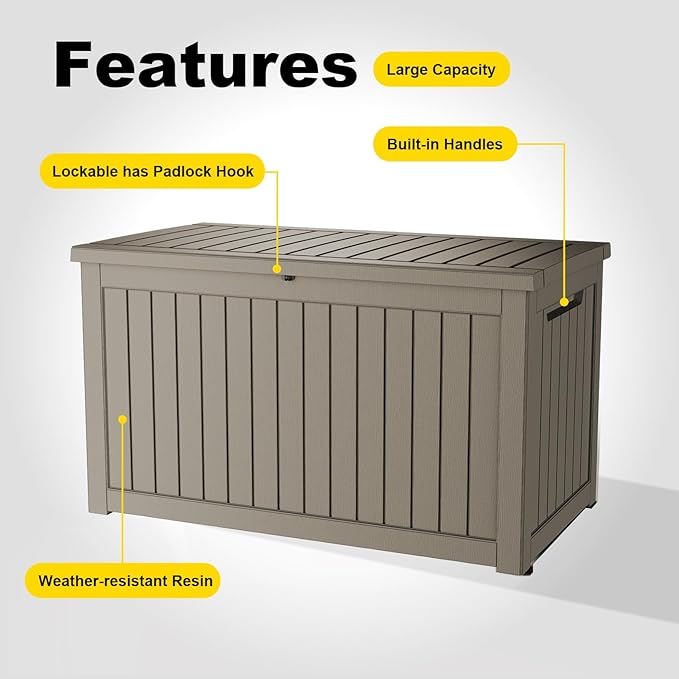DRATO 280 Gallon Deck Boxes Outdoor Waterproof, Lockable Outdoor Storage Box for Patio Furniture Pool Supplies Garden Tools, Weatherproof Resin Storage Box for Backyard (Grey, 280 Gallon)
